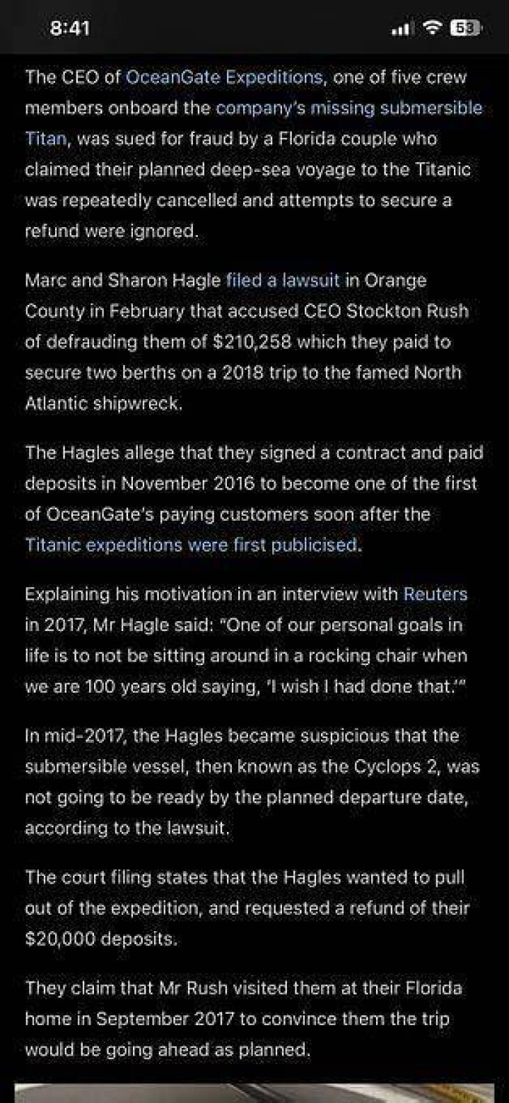 Who are Marc Hagle, Sharon Hagle? Florida couple sued OceanGate CEO Stockton Rush months before Titanic submersible went missing